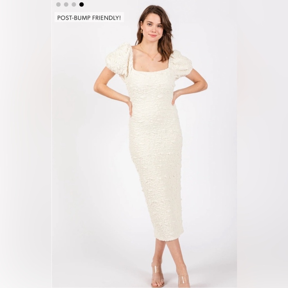 PinkBlush Textured Square Neck Puff Sleeve Maternity Midi Dress - Ivory - Small